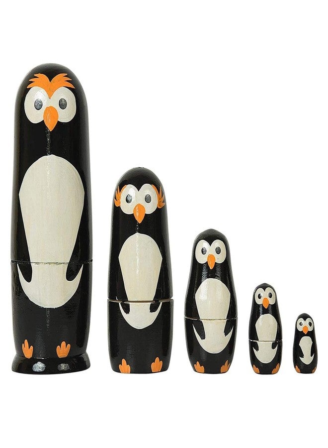 CHANNAPATNA TOYS Wooden Russian Nesting Dolls Penguin Set for Kids (2 Years+) - 6 Inch Multicolor - Set of 5 pcs - Improves Hand Eye Coordination and Fine Motor Skills - Image 1